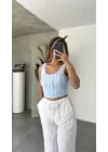 Bebe Mavisi Jakarlı Sırt Dekolteli Crop Bluz