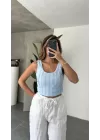 Bebe Mavisi Jakarlı Sırt Dekolteli Crop Bluz