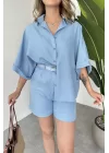 Bebe Mavisi Oversize Keten Şort & Gömlek İkili Takım