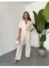 Bej Keten Bağlamalı Yarım Kol Crop Ceket