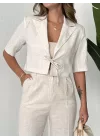 Bej Keten Yarım Kol Crop Ceket&Pantolon İkili Takım