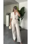 Bej Keten Yarım Kol Crop Ceket&Pantolon İkili Takım