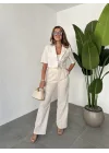 Bej Keten Yarım Kol Crop Ceket&Pantolon İkili Takım