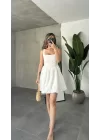 Beyaz Askılı Balon Etek Mini Elbise