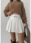 Beyaz Astarlı Şortlu Kemerli Pileli Kışlık Mini Etek