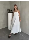 Beyaz İp Askılı Gipeli Jessica Astarlı Maxi Elbise