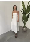 Beyaz İp Askılı Gipeli Jessica Astarlı Maxi Elbise