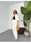 Beyaz Keten Oversize Yarasa Kol Gömlek-Palazzo Pantolon İkili Takım