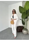 Beyaz Keten Oversize Yarasa Kol Gömlek-Palazzo Pantolon İkili Takım