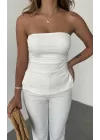 Beyaz Yırtmaçlı Drapeli Straplez Crop Bluz