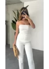 Beyaz Yırtmaçlı Drapeli Straplez Crop Bluz