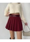 Bordo Astarlı Şortlu Kemerli Pileli Kışlık Mini Etek