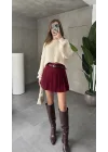 Bordo Astarlı Şortlu Kemerli Pileli Kışlık Mini Etek