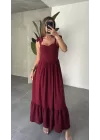 Bordo Ayarlanabilir Askılı Glop Midi Boy Elbise
