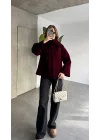 Bordo Bisiklet Yaka Şal Aksesuarlı Düğmeli Kaşe Ceket Mont