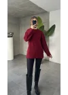 Bordo Bisiklet Yaka Tam Salaş Oversize Uzun Triko Kazak
