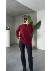 Bordo Bisiklet Yaka Tam Salaş Oversize Uzun Triko Kazak