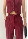 Bordo Çizgili Pileli Tam Kalıp Bel Oturtmalı Geniş Paça Palazzo Pantolon