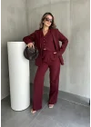 Bordo Double Yelek-Pantolon-Blazer Ceket 3lü Set Takım