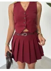 Bordo Düğmeli Kolsuz Yelek&Astarlı Mini Şort Etek Alt Üst Takım