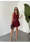Bordo İçi Astarlı Şortlu Kemerli Pileli Mini Şort Etek
