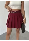 Bordo İçi Astarlı Şortlu Kemerli Pileli Mini Şort Etek