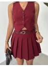 Bordo İçi Astarlı Şortlu Kemerli Pileli Mini Şort Etek