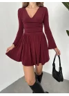 Bordo İçi Şortlu Uzun Kollu V Yaka Mini Candy Elbise