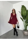 Bordo İçi Şortlu Uzun Kollu V Yaka Mini Candy Elbise