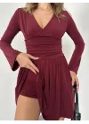 Bordo İçi Şortlu Uzun Kollu V Yaka Mini Candy Elbise