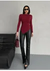 Bordo Zr Model Asimetrik Kesim Drapeli Büzgülü Candy Body Bluz