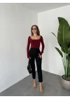 Bordo Kare Yaka Parmak Geçirmeli Uzun Kol Candy Body Bluz