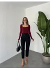 Bordo Kare Yaka Parmak Geçirmeli Uzun Kol Candy Body Bluz