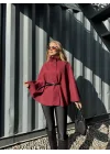 Bordo Kemerli Dik Yaka Düğmeli Kaşe Pelerin Panço