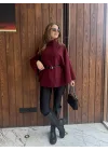 Bordo Kemerli Dik Yaka Düğmeli Kaşe Pelerin Panço