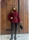 Bordo Kemerli Dik Yaka Düğmeli Kaşe Pelerin Panço