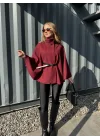 Bordo Kemerli Dik Yaka Düğmeli Kaşe Pelerin Panço