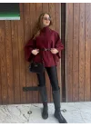 Bordo Kemerli Dik Yaka Düğmeli Kaşe Pelerin Panço
