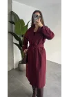 Bordo Kruvaze Oversize Premium Kalite Kuşaklı Tam Boy Uzun Kaşe Mont