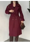 Bordo Kruvaze Oversize Premium Kalite Kuşaklı Tam Boy Uzun Kaşe Mont