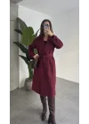 Bordo Kruvaze Oversize Premium Kalite Kuşaklı Tam Boy Uzun Kaşe Mont