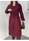 Bordo Kruvaze Oversize Premium Kalite Kuşaklı Tam Boy Uzun Kaşe Mont