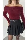 Bordo Madonna Yaka Aksesuarlı Sakallı Premium Yumoş Triko Kazak