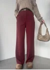 Bordo Pileli Tam Kalıp Bel Oturtmalı Geniş Paça Palazzo Pantolon