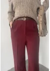 Bordo Pileli Tam Kalıp Bel Oturtmalı Geniş Paça Palazzo Pantolon
