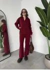 Bordo Polo Yakalı Kazak İspanyol Paça Triko Pantolon İkili Takım