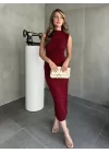 Bordo Sandy Kumaş Vücudu Saran Uzun Maxi Arkası Yırtmaçlı Elbise