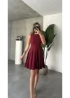 Bordo Sıfır Kol Volanlı Kloş Mini Elbise