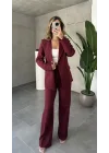 Bordo Tek Düğmeli Blazer Ceket&Palazzo Pantolon İkili Takım