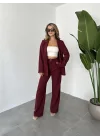 Bordo Tek Düğmeli Blazer Ceket&Palazzo Pantolon İkili Takım